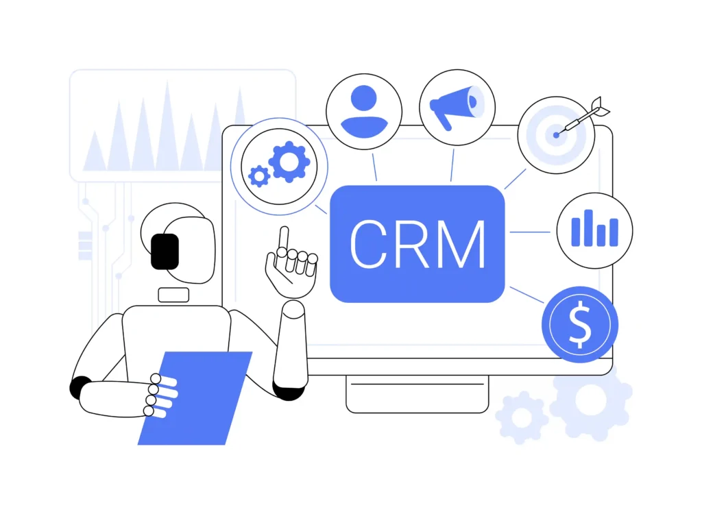 An AI robot agent orchestrating business tasks like sales targeting and financial tracking through a central CRM system.