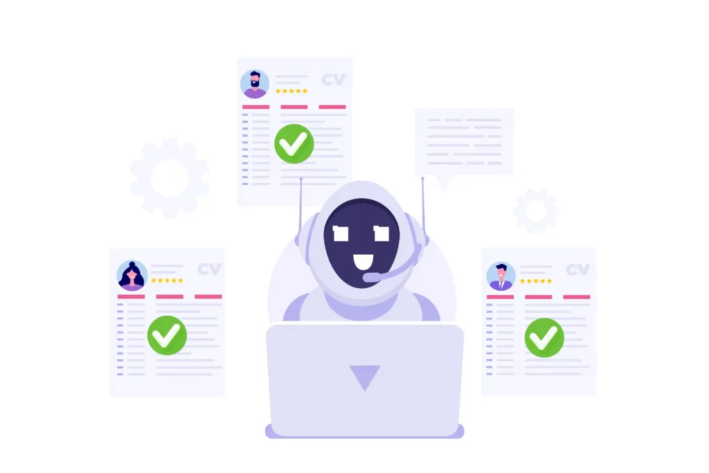A friendly AI assistant at a laptop automatically reviewing and approving lead profiles and candidate CVs in real-time.