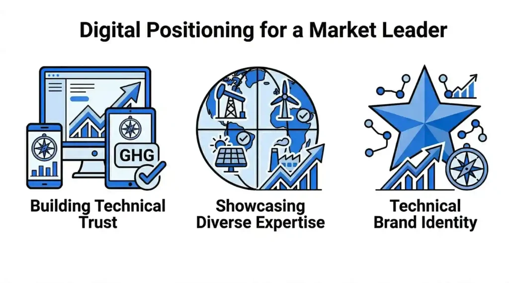A digital strategy graphic titled "Digital Positioning for a Market Leader" showcasing three pillars: Building Technical Trust (illustrated by devices and a compass), Showcasing Diverse Expertise (illustrated by energy sector icons over a globe), and Technical Brand Identity (illustrated by a star and network nodes).