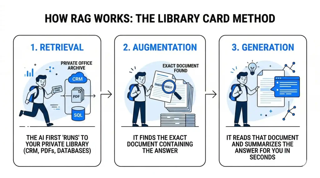 Stop AI hallucinations. Learn how Retrieval-Augmented Generation (RAG) connects a generative "Brain" to your private "Source of Truth" for 100% accurate, safe, and real-time AI insights.