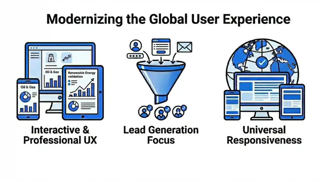 A UX design infographic titled "Modernizing the Global User Experience" displaying three key focuses: Interactive & Professional UX on multiple screens, Lead Generation Focus showing a conversion funnel, and Universal Responsiveness across desktop, tablet, and mobile devices.