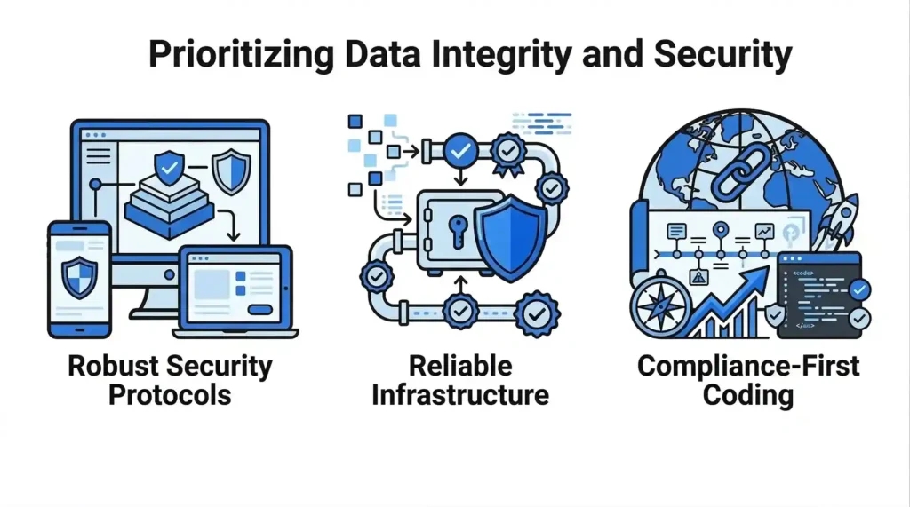 A cybersecurity infographic titled "Prioritizing Data Integrity and Security" highlighting three core components: Robust Security Protocols with shielded devices, Reliable Infrastructure featuring a secure vault, and Compliance-First Coding illustrated by a global roadmap and code window.