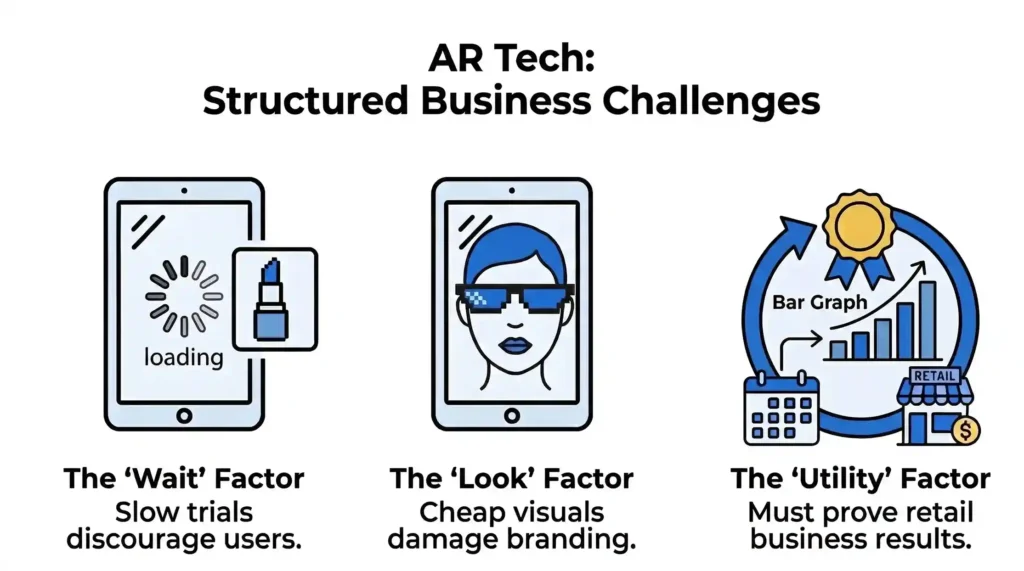 A minimalist horizontal infographic titled "AR Tech: Structured Business Challenges." It uses three distinct icons to outline retail pain points: a tablet with a loading spinner for "The 'Wait' Factor," a tablet showing a pixelated face for "The 'Look' Factor," and a circular graphic with a bar chart and retail storefront for "The 'Utility' Factor." The design uses a strict white, blue, and black color palette.