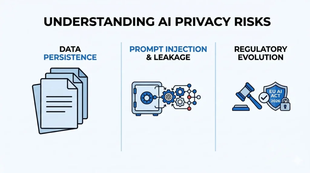 A minimalist horizontal infographic titled "UNDERSTANDING AI PRIVACY RISKS" featuring three clean columns that visually represent Data Persistence, Prompt Injection & Leakage, and Regulatory Evolution.