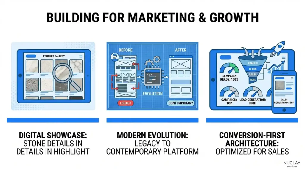 Infographic showing the evolution from legacy to contemporary web platforms, highlighting digital stone showcases and conversion-first architecture.