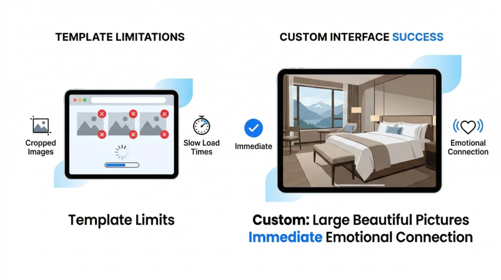 A comparison graphic titled "Template Limitations vs. Custom Interface Success." The left side shows a tablet with cropped images and slow load times (Template Limits), while the right side displays a high-resolution, full-width luxury hotel room image on a tablet, labeled "Immediate Emotional Connection."