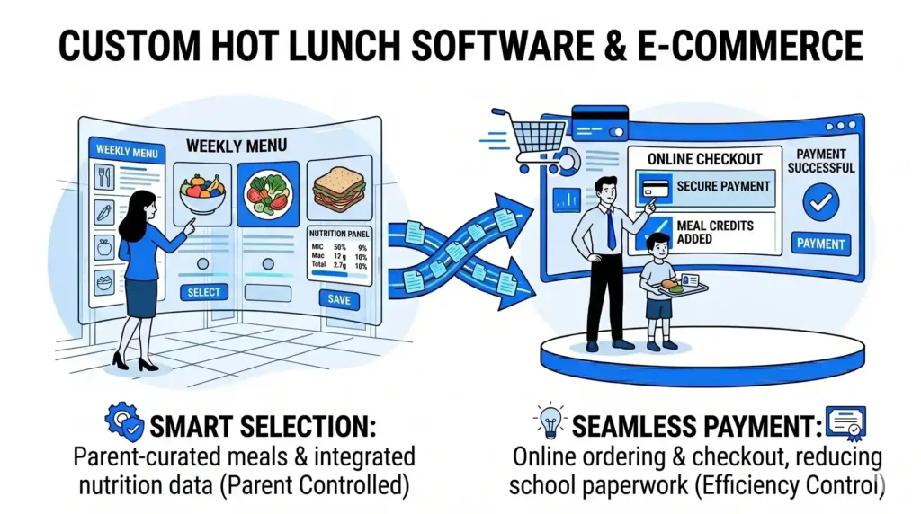 An infographic illustrating an online hot lunch system where parents curate meals on a weekly menu and complete secure payments to reduce school paperwork.
