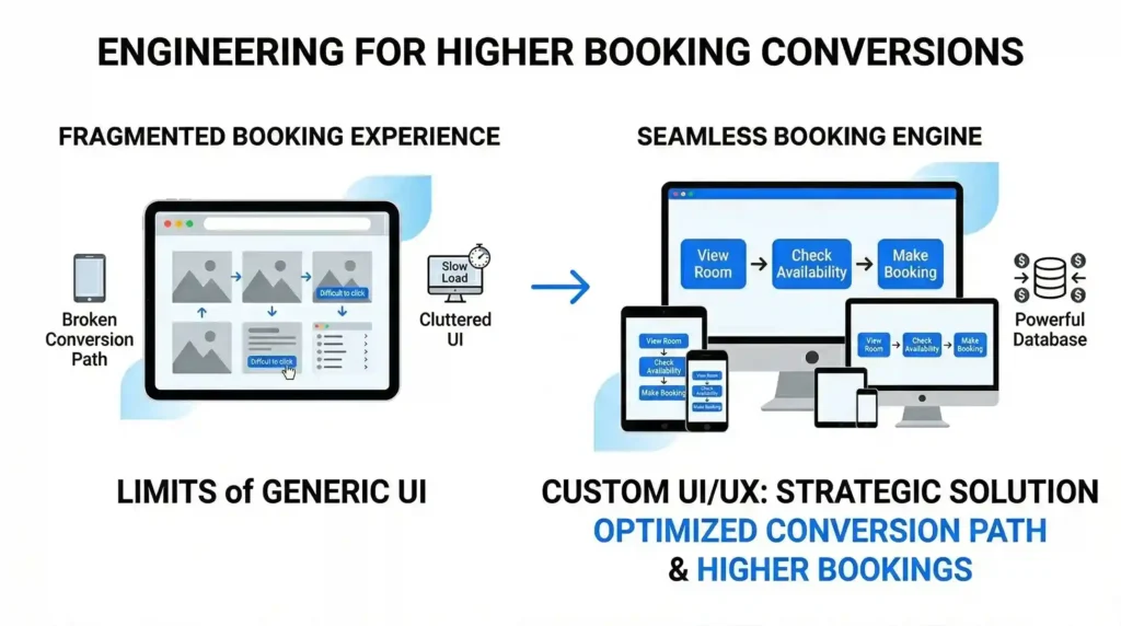 A technical infographic titled "Engineering for Higher Booking Conversions." It contrasts a "Fragmented Booking Experience" featuring a cluttered UI and broken conversion path with a "Seamless Booking Engine" that uses a strategic custom UI/UX across desktop and mobile to optimize the path to booking.
