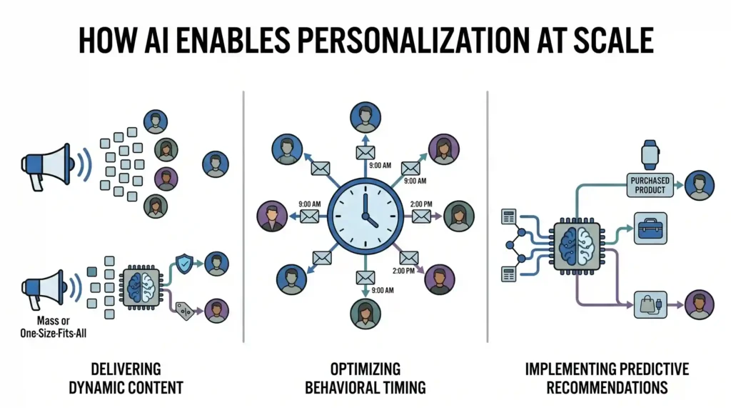 A 3-part vector infographic on a white background, detailing 'How AI Enables Personalization at Scale' through three sections with brand-colored graphics and brief labels: 'Delivering Dynamic Content,' 'Optimizing Behavioral Timing,' and 'Implementing Predictive Recommendations.'