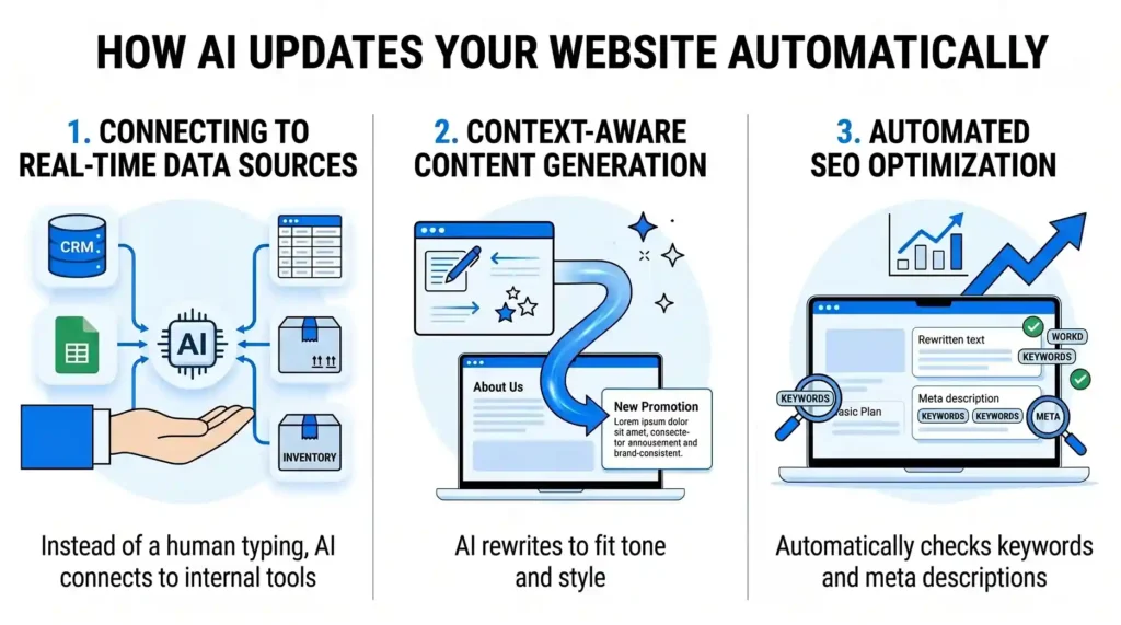 An infographic showing three steps: connecting to real-time data sources (CRM, spreadsheets), AI rewriting content to fit brand tone, and automated SEO optimization for keywords and meta descriptions.