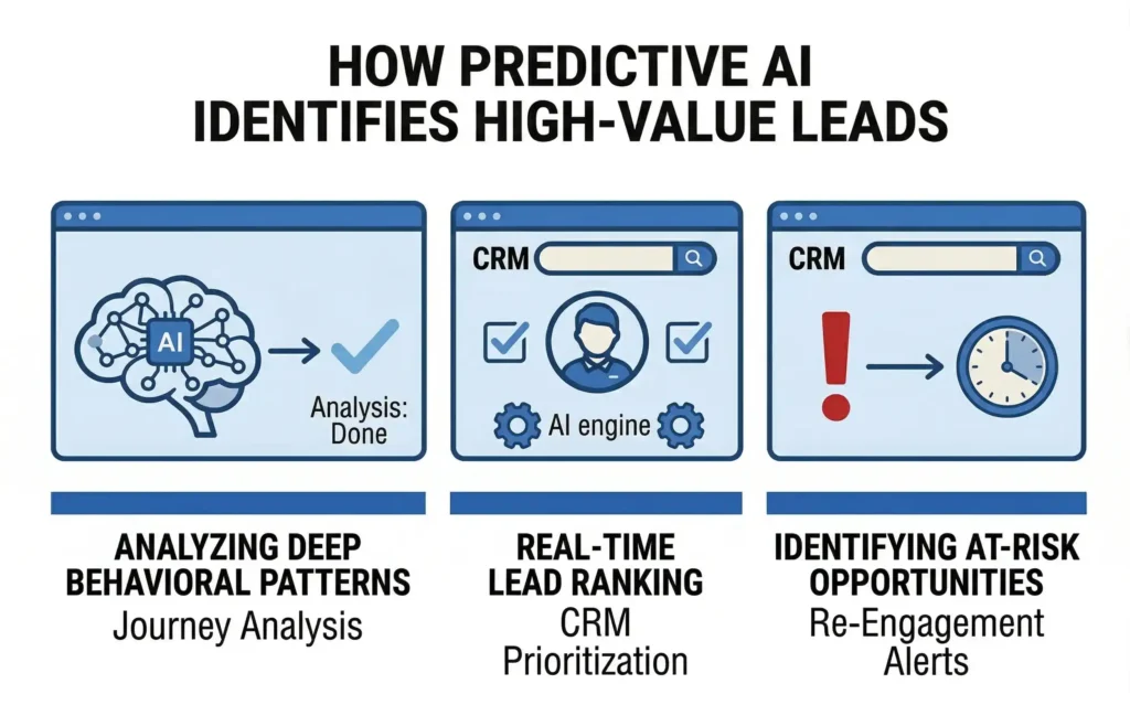 An infographic titled "HOW PREDICTIVE AI IDENTIFIES HIGH-VALUE LEADS" divided into three sections. The first section, "Analyzing Deep Behavioral Patterns," shows a brain icon representing AI performing journey analysis. The second section, "Real-Time Lead Ranking," shows an AI engine integrated with a CRM to prioritize leads. The third section, "Identifying At-Risk Opportunities," shows an exclamation mark and a clock icon to represent re-engagement alerts for leads that might be cooling off.