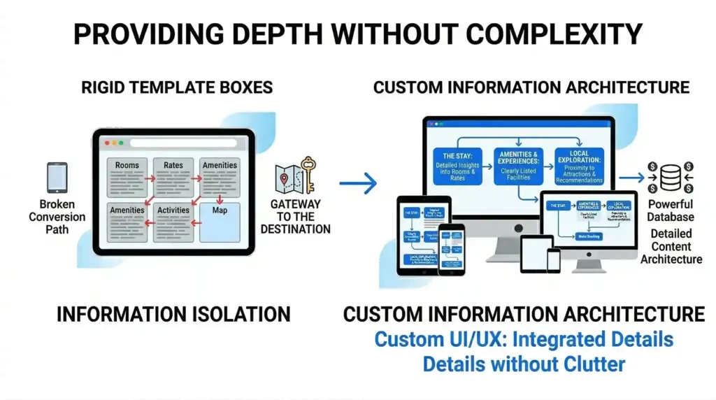An information architecture graphic titled "Providing Depth Without Complexity." It shows the transition from "Information Isolation" in rigid template boxes to a "Custom Information Architecture" that integrates detailed insights into rooms, rates, and local exploration without creating visual clutter.