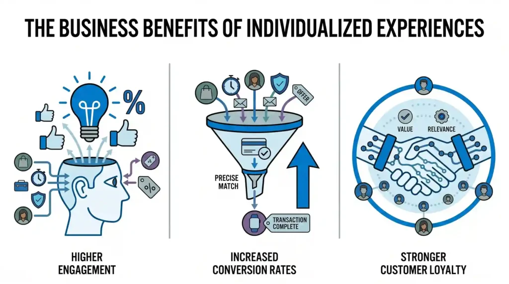 A 3-part vector infographic illustrating 'The Business Benefits of Individualized Experiences,' with minimal brand-colored graphics: a person's head for 'Higher Engagement,' a conversion funnel for 'Increased Conversion Rates,' and a technical handshake for 'Stronger Customer Loyalty' with concise labels.
