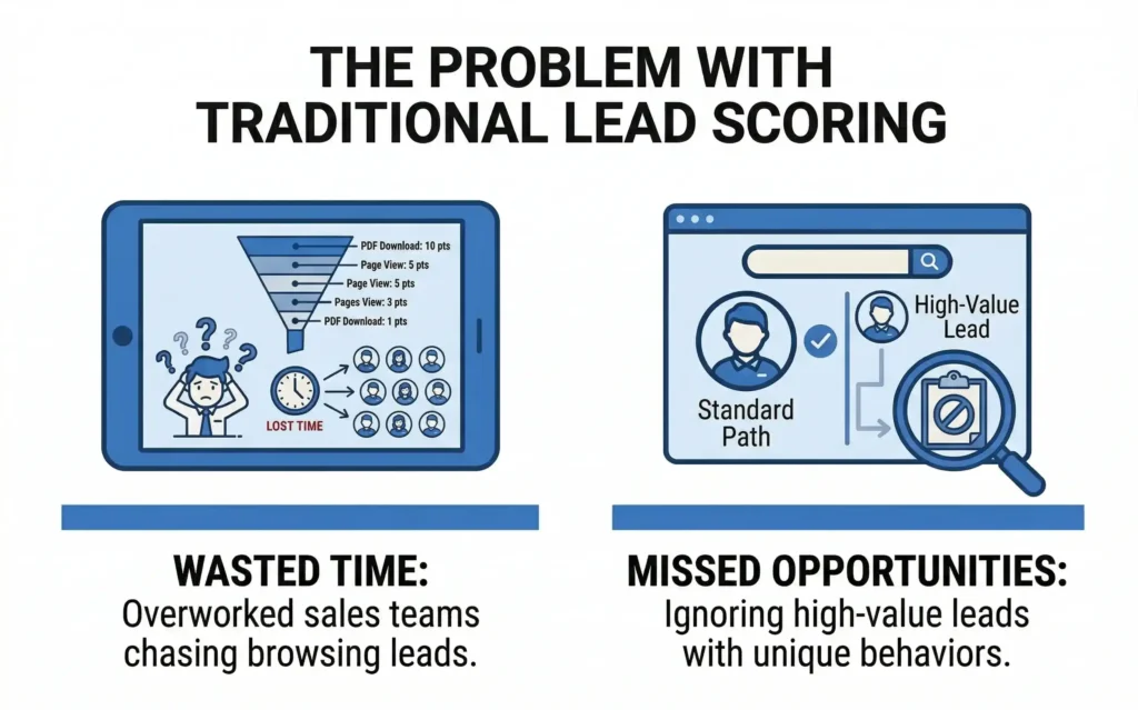 An infographic titled "THE PROBLEM WITH TRADITIONAL LEAD SCORING" comparing two major pain points. On the left, "Wasted Time" shows a frustrated salesperson and a funnel where simple actions like page views and PDF downloads accumulate points, leading to overworked teams chasing low-intent leads. On the right, "Missed Opportunities" shows a magnifying glass over a lead that doesn't follow the "standard path," illustrating how high-value leads with unique behaviors are often ignored by rigid, traditional systems.