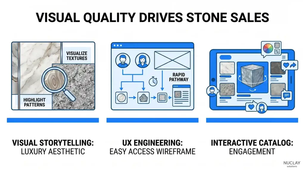 Graphic demonstrating how visual quality drives stone sales through luxury aesthetics, UX engineering wireframes, and interactive product catalogs.