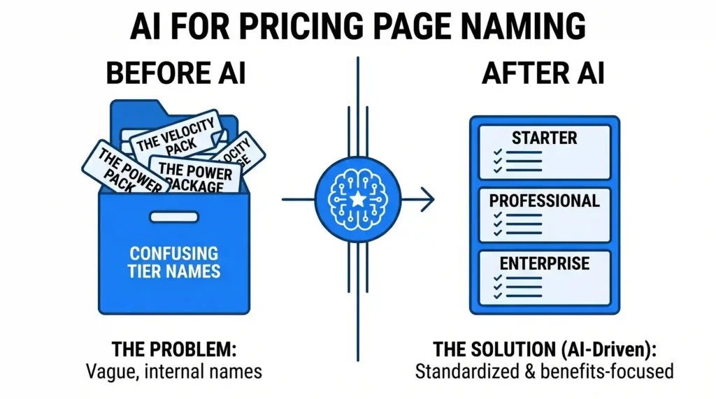 It contrasts "Before AI"—featuring a box of confusing tier names like "The Velocity Pack"—with "After AI," showing a clean list of standardized tiers: Starter, Professional, and Enterprise.
