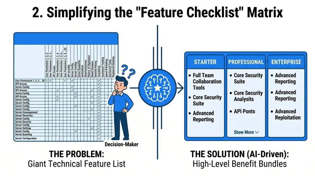 It shows a confused decision-maker looking at a giant, complex technical feature spreadsheet, which AI transforms into simplified, high-level benefit bundles for Starter, Professional, and Enterprise plans.