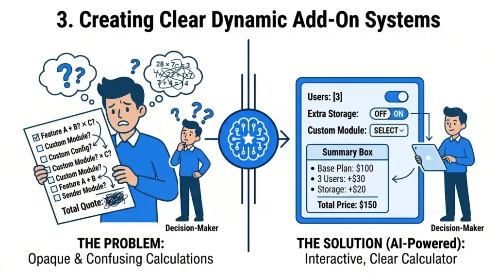 Infographic titled "Creating Clear Dynamic Add-On Systems." It depicts a stressed customer struggling with opaque, confusing pricing calculations, which AI simplifies into an interactive, clear calculator with a detailed summary box.
