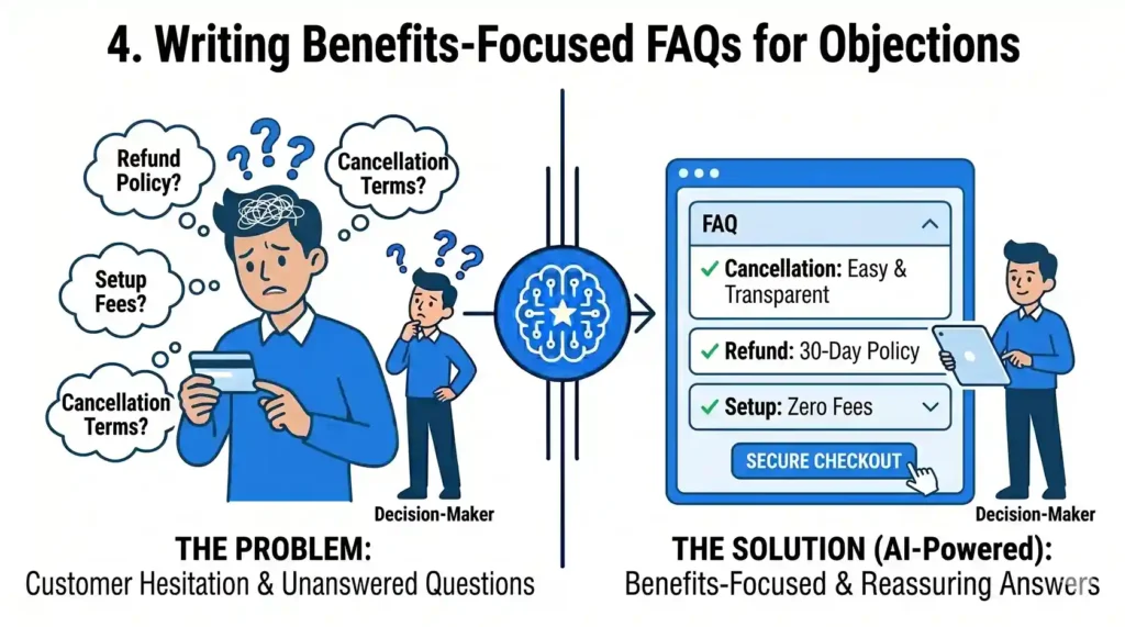 Infographic titled "Writing Benefits-Focused FAQs for Objections." It shows a hesitant customer overwhelmed by questions about refund policies and setup fees, contrasted with an AI-powered, reassuring FAQ section that clearly displays easy cancellation, a 30-day refund policy, and zero setup fees.