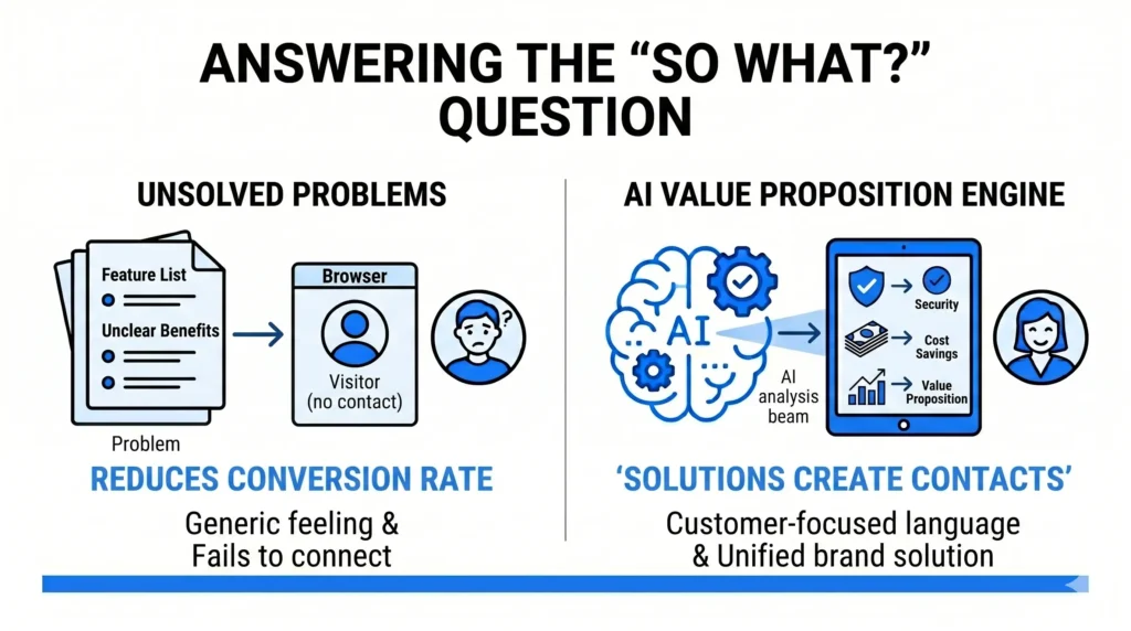 Vector graphic comparing a "Problem" list of features that confuses visitors with an "AI Value Proposition Engine" that highlights security and cost savings to create customer contacts.