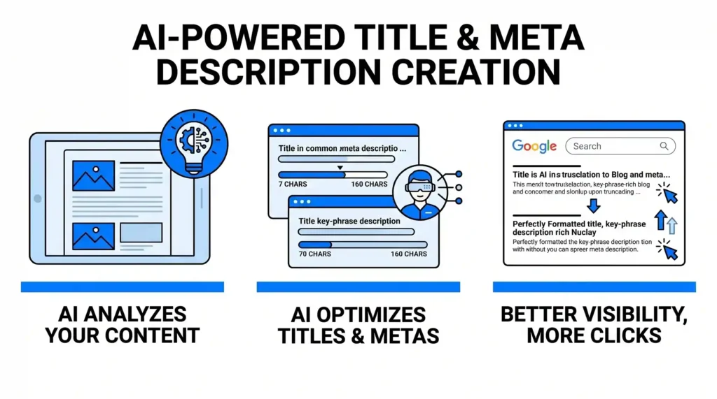 Infographic showing AI analyzing a web page, optimizing title and meta description lengths with progress bars, and a final Google search result with high visibility.