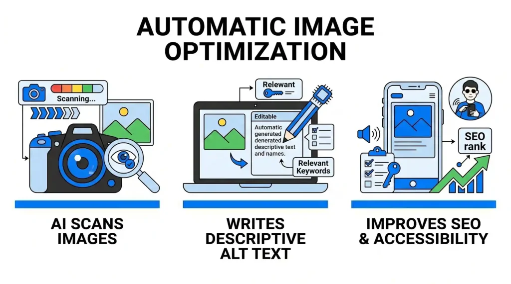 Illustration of a camera being scanned by AI, a laptop generating descriptive alt text for a mountain image, and a smartphone showing improved accessibility and SEO ranking.
