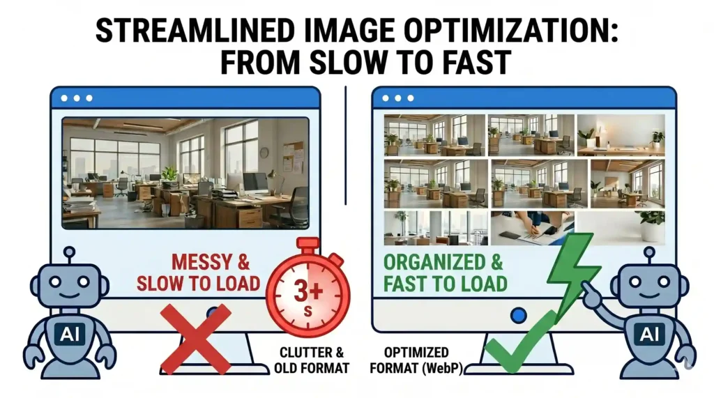 A side-by-side comparison showing a "messy and slow" website with a 3-second delay versus an "organized and fast" website using AI-optimized WebP images and a green checkmark.
