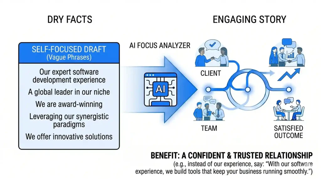 A clean vector infographic with a white background demonstrating copywriting balance. On the left, a box highlights an overly self-focused text draft filled with phrases like "Our expert software experience". An arrow with an AI browser window graphic guides the eye to the right, showing balanced vector icons of teams, clients, and a chart pointing upward to signify successful, client-centered messaging.