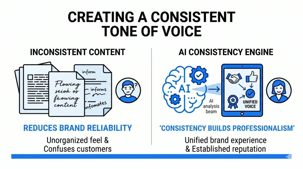 Minimalist graphic showing unorganized, inconsistent documents vs. an "AI Consistency Engine" that unifies brand voice into a professional, singular tone.