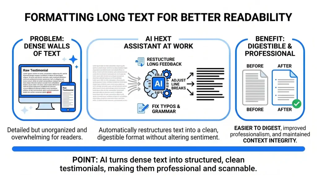 A horizontal minimalist infographic illustrating how an AI text assistant restructures a long, unorganized customer review into a clean, professional, and digestible bulleted document while maintaining context integrity.