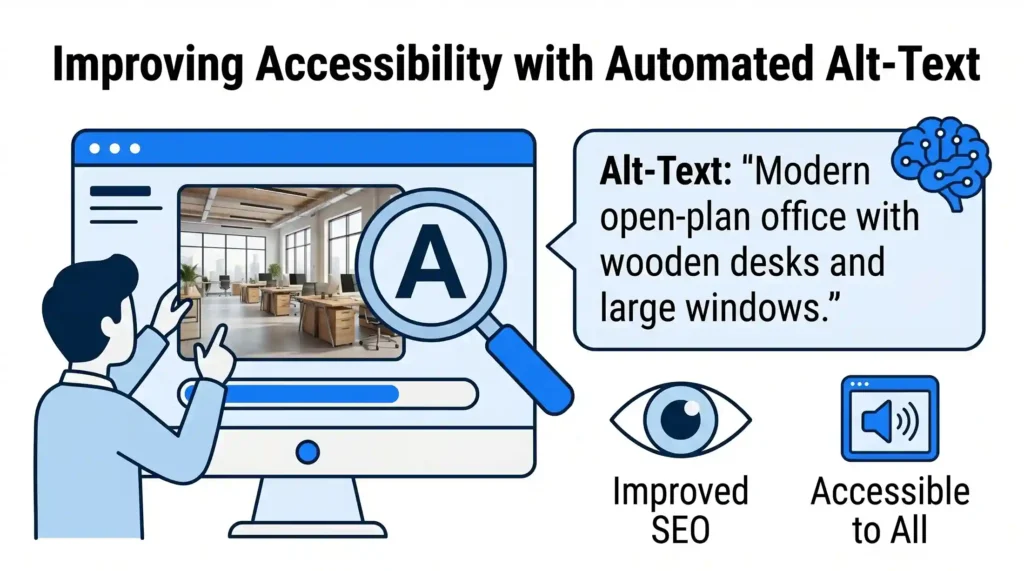 A graphic showing a person looking at a monitor where an AI brain icon generates a descriptive alt-text bubble for an office photo, highlighting improved SEO and accessibility.