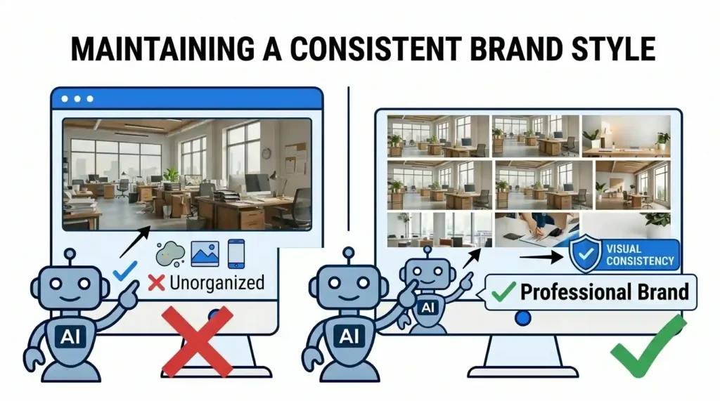 A comparison of an unorganized brand with mismatched image styles versus a professional brand using AI to maintain visual consistency and a cohesive mood across a website gallery.