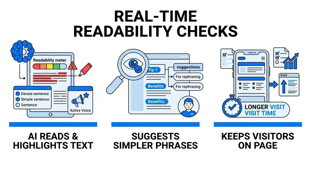Vector image showing AI highlighting text for density, a magnifying glass offering simpler phrasing suggestions, and a stopwatch indicating increased visitor time on page.
