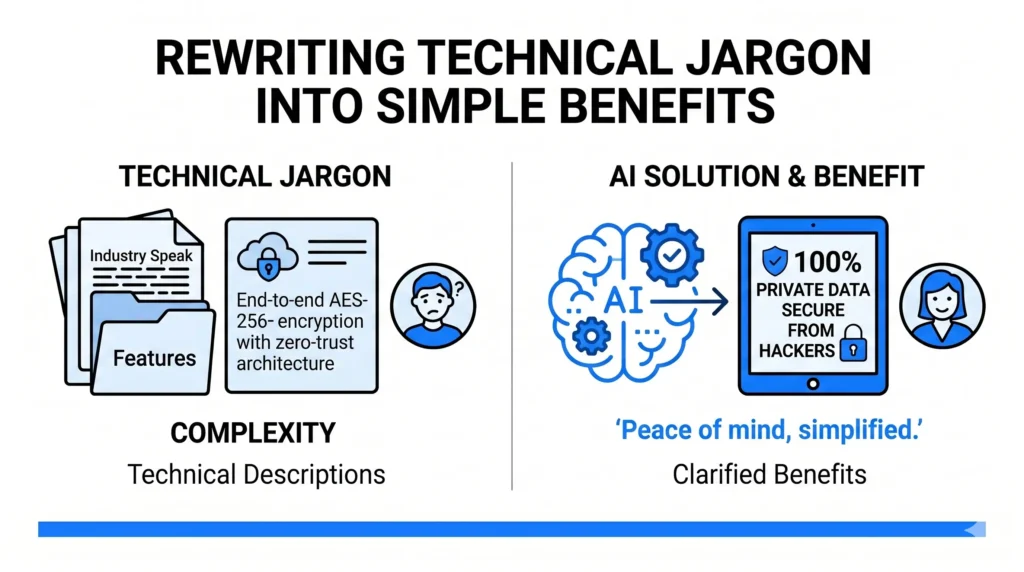 Minimalist comparison of a complex technical data sheet (jargon) against an AI-processed tablet showing simplified benefits like "100% private data" for peace of mind.