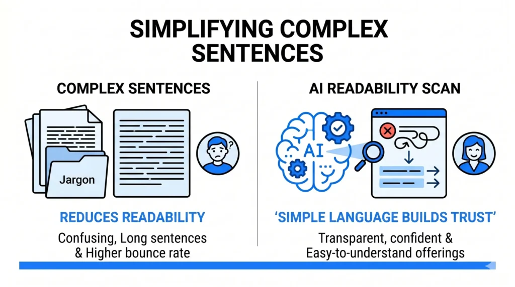 Visual representation of an "AI Readability Scan" identifying long, winding sentences and replacing them with short, direct alternatives to build trust and reduce bounce rates.
