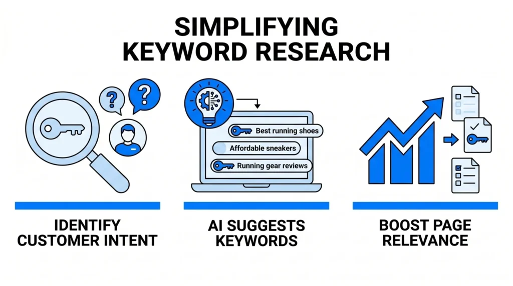 Graphic illustrating a magnifying glass identifying customer intent, an AI laptop suggesting specific keywords like "running shoes," and a bar chart showing boosted page relevance.