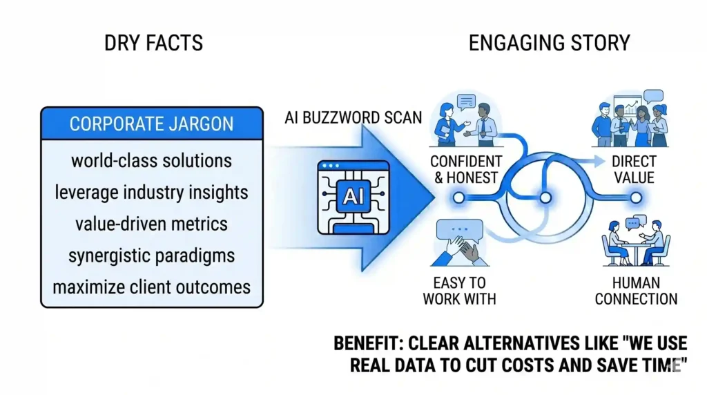 A minimal horizontal graphic with a white background showing text optimization. On the left, a blue-bordered box lists complicated corporate jargon like "world-class solutions" and "synergistic paradigms". A large vivid blue transformation arrow with an AI icon points toward the right, where clean icons of people communicating represent clear, confident, and direct language.