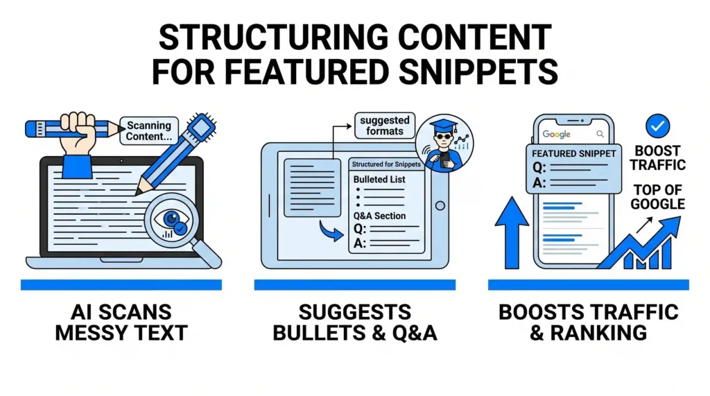 Infographic showing AI scanning messy text to suggest bulleted lists and Q&A formats, leading to a mobile "Featured Snippet" at the top of Google search results.