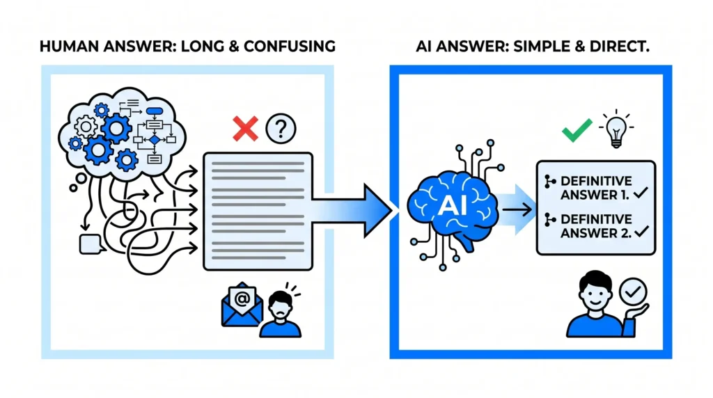 A side-by-side comparison showing a long, confusing human-written text block on the left contrasted against two short, clear, AI-generated answers on the right.