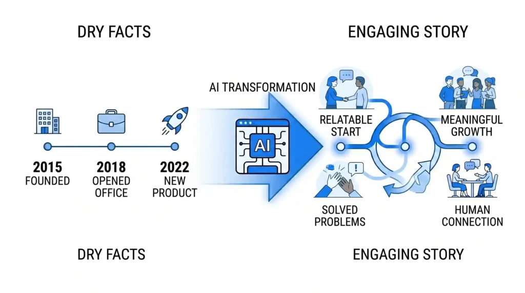 A horizontal vector graphic on a white background showing a process from left to right. On the left under "DRY FACTS", a simple line timeline lists the dates 2015, 2018, and 2022. A large blue arrow containing a central "AI" chip icon points to the right side under "ENGAGING STORY", which features small vector clusters of people interacting, representing a readable, humanized corporate growth history.