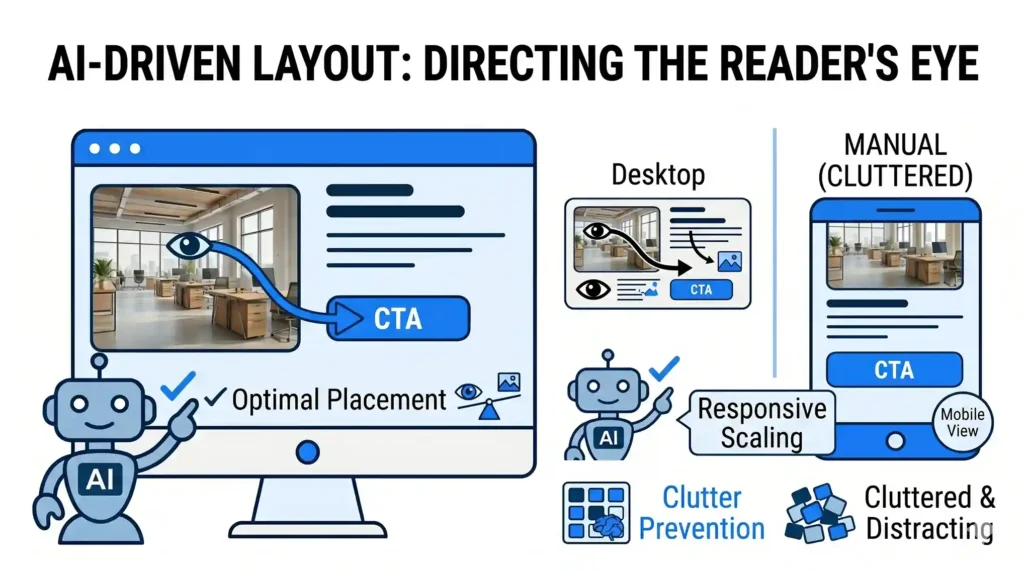 An illustration showing how AI analyzes a desktop and mobile screen to provide optimal image placement, directing the reader's eye toward a "CTA" button while preventing clutter.