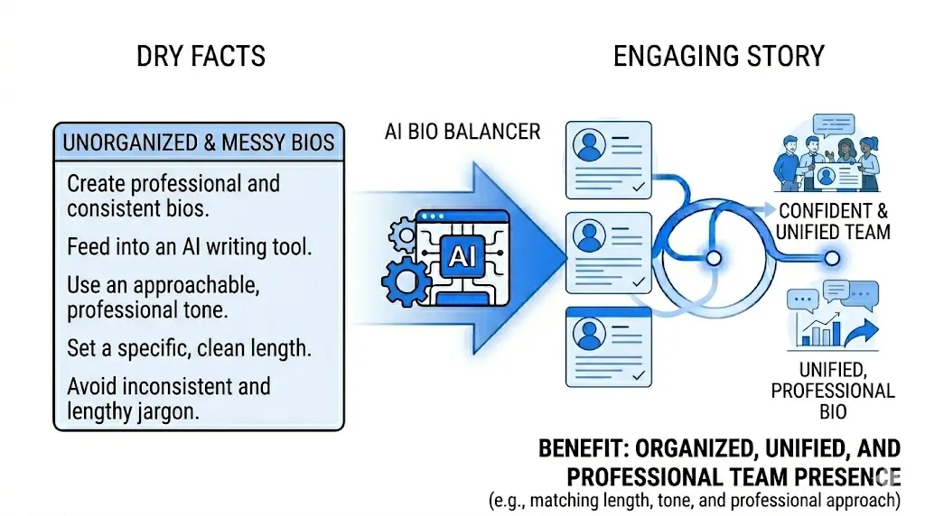 A clean horizontal vector graphic on a white background showing layout organization. On the left, a box labeled "UNORGANIZED & MESSY BIOS" displays uneven sentences and mixed formatting guidelines. An arrow labeled "AI BIO BALANCER" leads to three perfectly identical, neatly stacked blue profile cards on the right, alongside a graphic of a unified team, representing structural consistency.