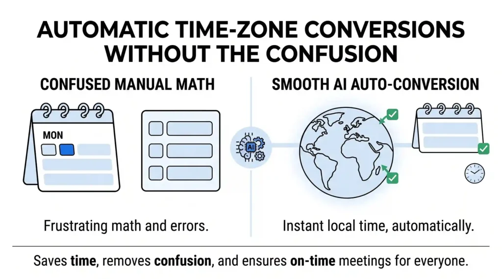 A minimal flat graphic illustrating an automated AI layer converting a master calendar schedule instantly into a client's local time zone.