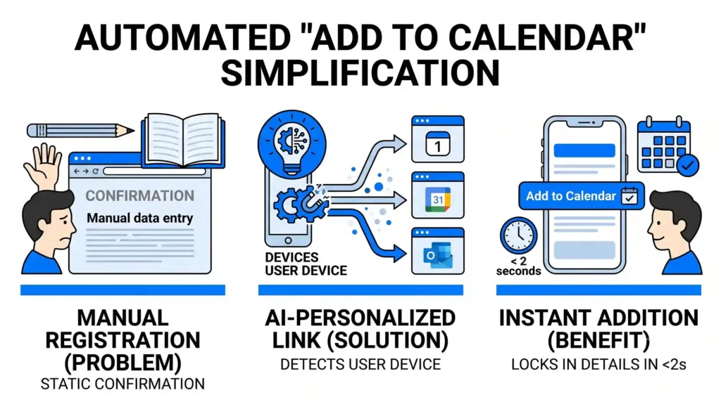 A diagram comparing a confused person manually entering data (Manual Registration) with AI instantly generating device-specific links that lock event details into users' personal calendars in under two seconds (AI-Personalized Link).