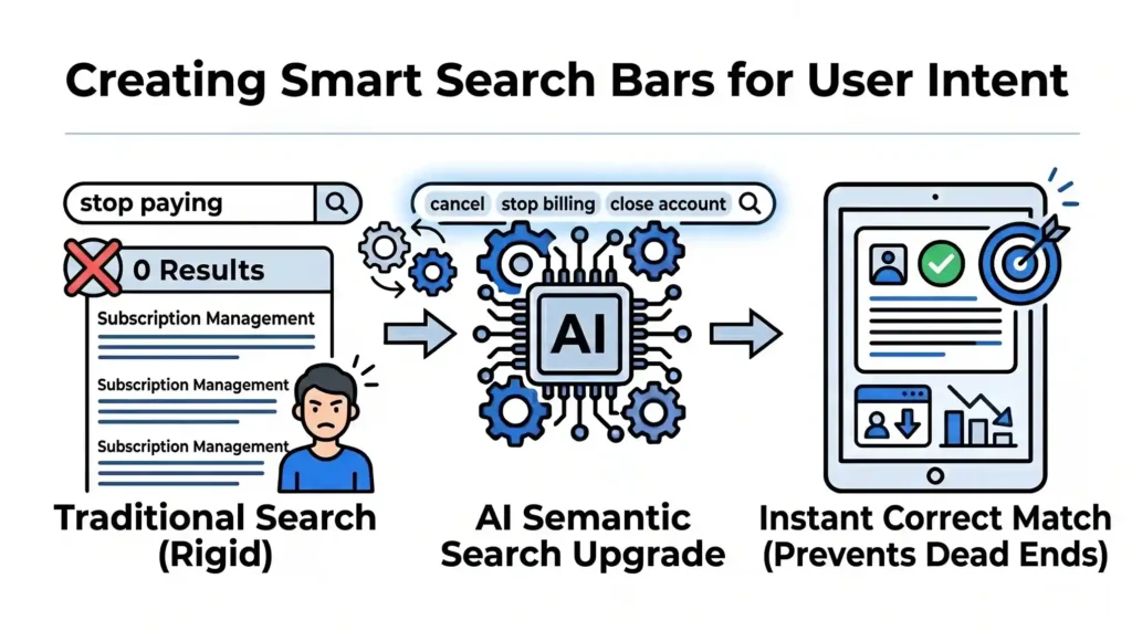 Minimalist horizontal infographic titled "Creating Smart Search Bars for User Intent". It contrasts a rigid traditional search bar showing "0 Results" and an annoyed user with an AI-powered semantic search bar mapping informal queries to an instant correct match on a digital screen.