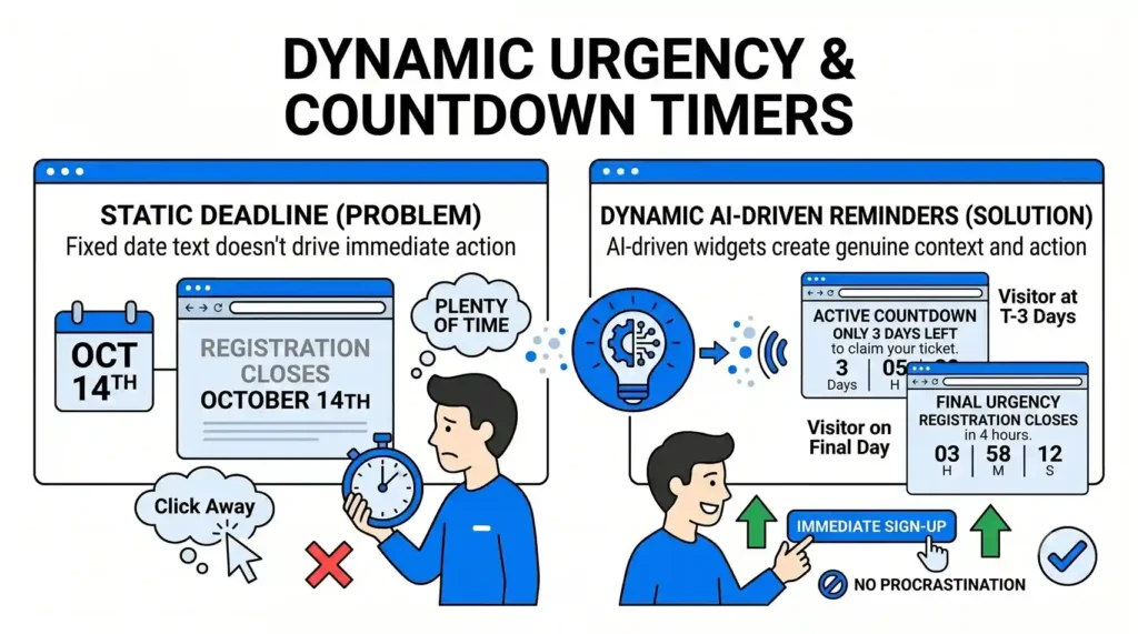 An infographic showing a procrastinating person ignoring a "Registration closes October 14th" text block (Static Deadline) versus AI widgets creating visual urgency via real-time countdowns for a specific visitor's time (Dynamic AI-Driven Reminders).