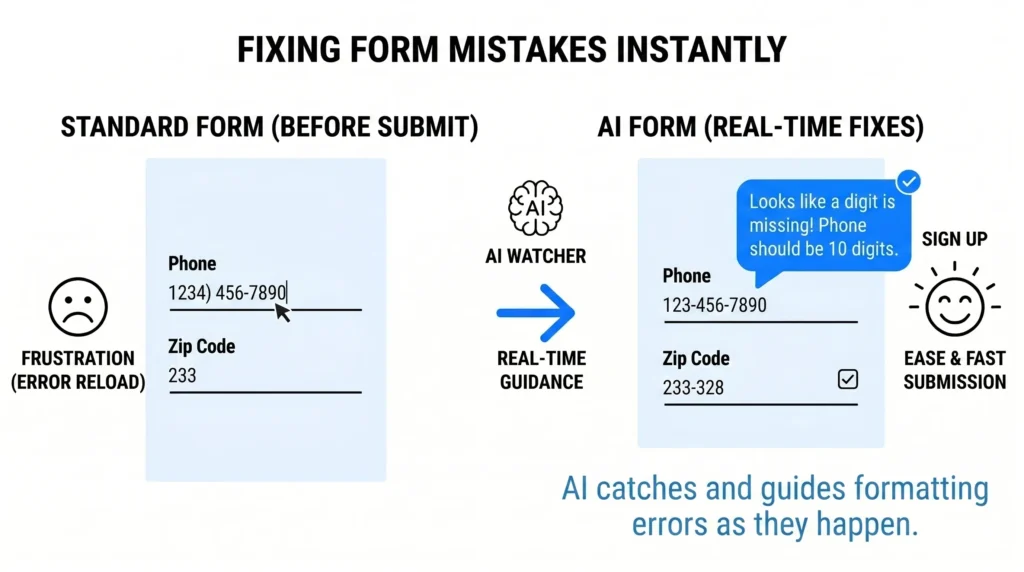 An infographic showing an AI system providing real-time text bubble guidance to fix a missing digit in a phone number before the user submits the form.