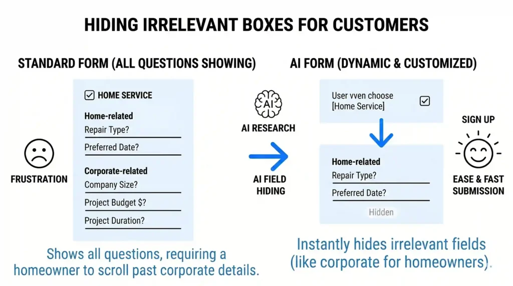 A diagram showing a dynamic AI form that instantly hides irrelevant corporate questions once a user selects "Home Service" as their option.