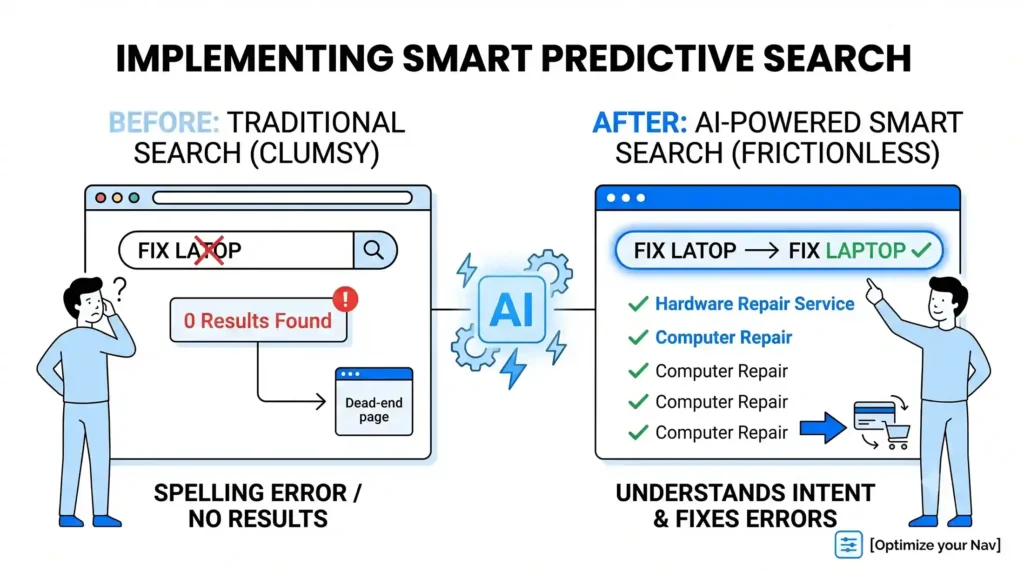 A vector graphic comparing a traditional search bar showing "0 Results Found" for a typo to an AI search bar correcting the spelling and showing relevant service results.
