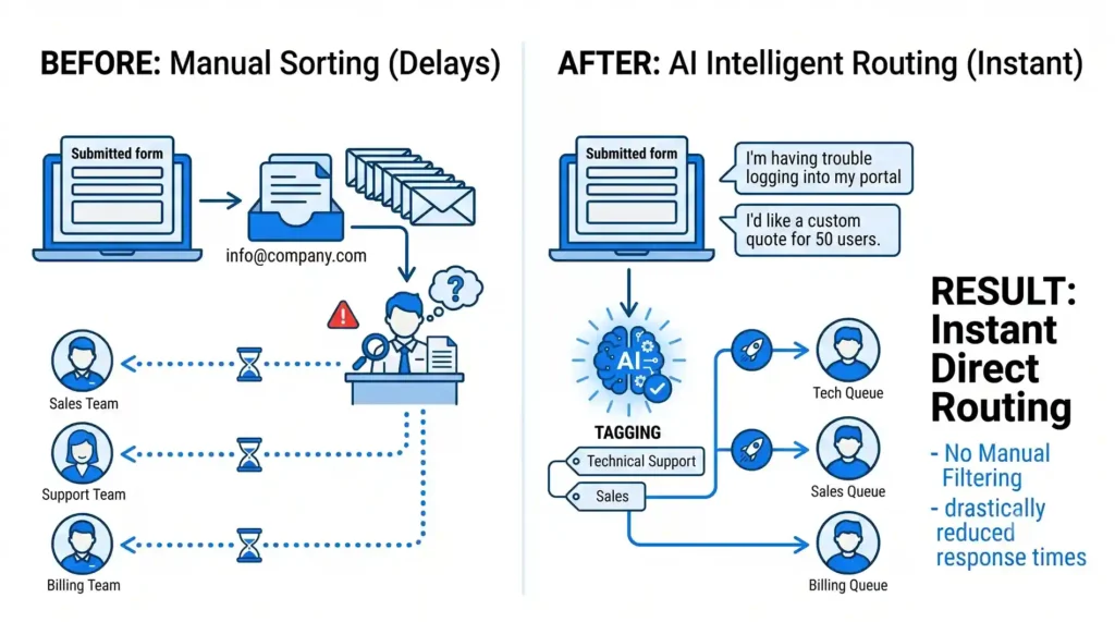 An infographic detailing "Manual Sorting" versus "AI Intelligent Routing." The left diagram shows a human manager slowly distributing forms with visible delays, while the right diagram shows an AI model instantly reading, tagging, and routing technical support, sales, and billing queries directly to their respective queues.